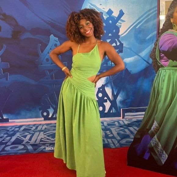 Asymmetrical Green Dress Cut Out Ruched Maxi Lace Up Back - Picture 14 of 15